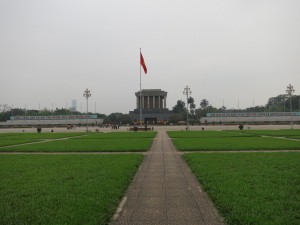 Ho Chi Minh mausoleum from a distance. The basic translation of the writing on either side is: "Long live the Socialist-Republic of Vietnam. The Great President Ho Chi Minh will live forever in our work."